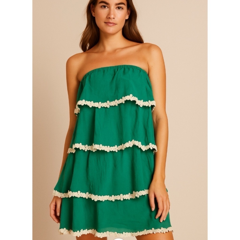 Judith March Green Strapless Cream Crochet Trim Tiered Coquette Mini Dress S